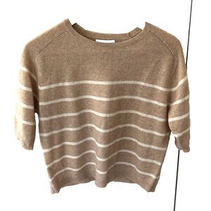 House of Harlow Cashmere Sweater Size Medium Tan White Stripe Short Sleeve